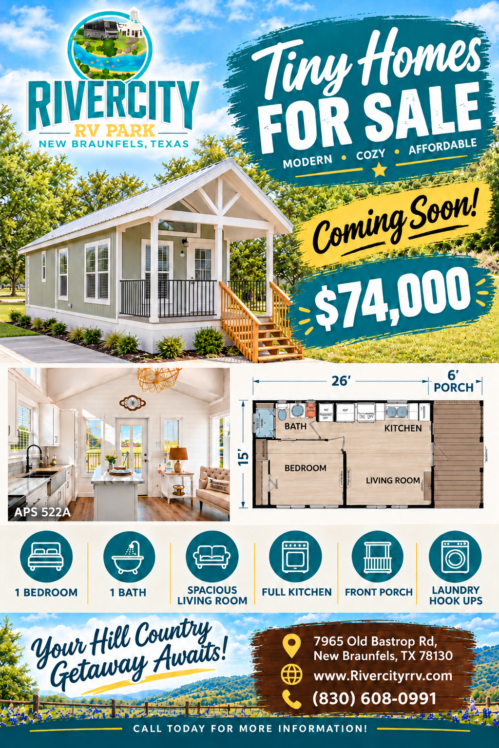 Tiny Homes for Sale flyer — $74,000, coming soon